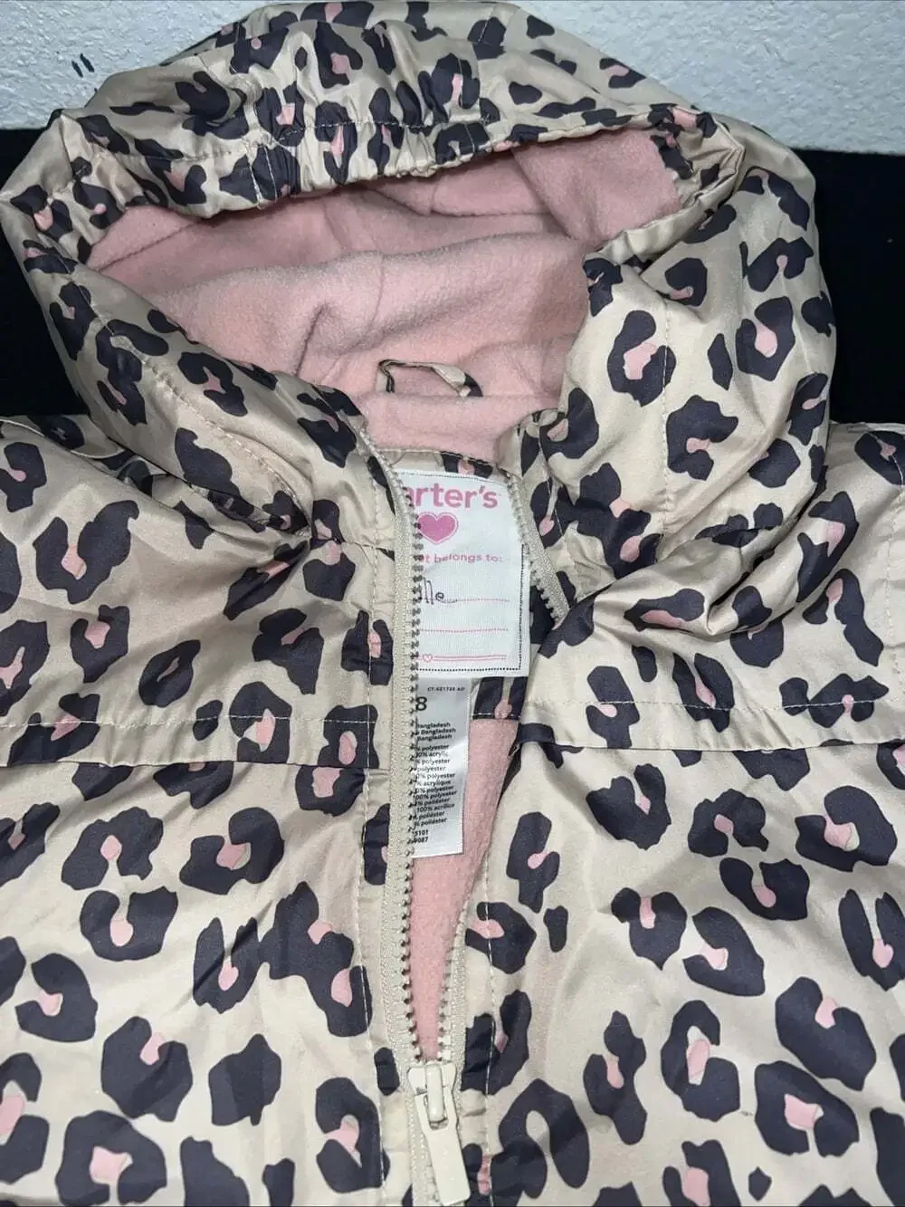 Carter's Girl's Size 8 Fleece Lined Coat Hooded, Zip Up Leopard Print Pink